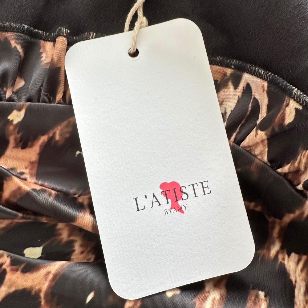 L'Atiste Women's M Mini Dress Brown Leopard Print Ruffled Satin NEW - Picture 5 of 9